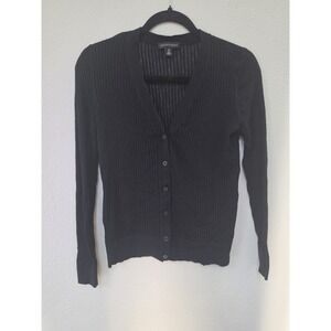 Saks Fifth Avenue Cardigan S Black Long Sleeve V-Neck Ribbed Cotton Linen